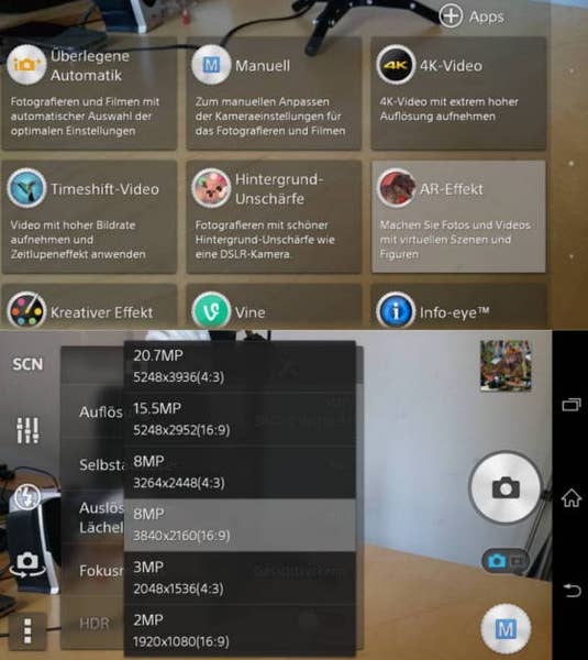 Screenshots vom Kamera-Menü des Sony Xperia Z2