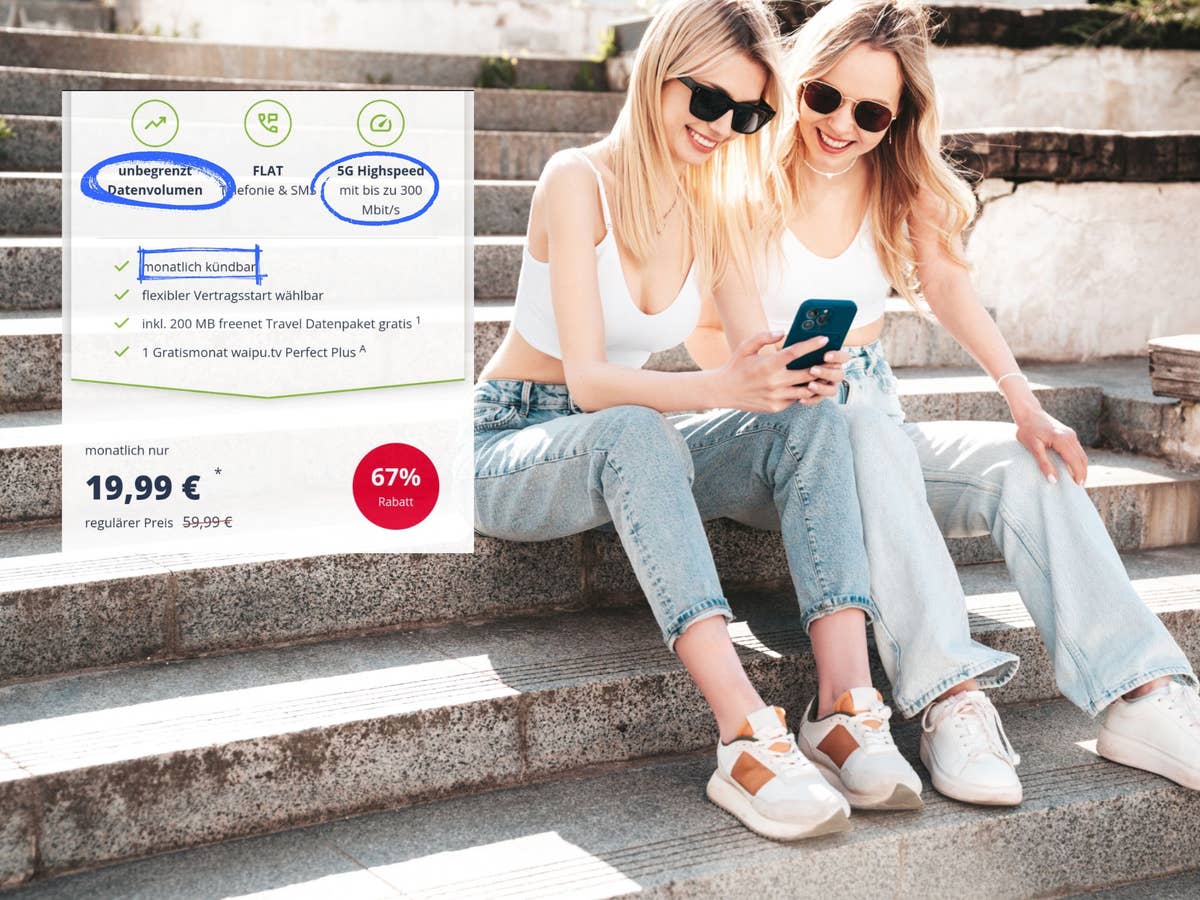 Frauen schauen auf ihr Handy - Einbledung eines Handytarif-Angebots mit Highlight-Markierungen zu sehen