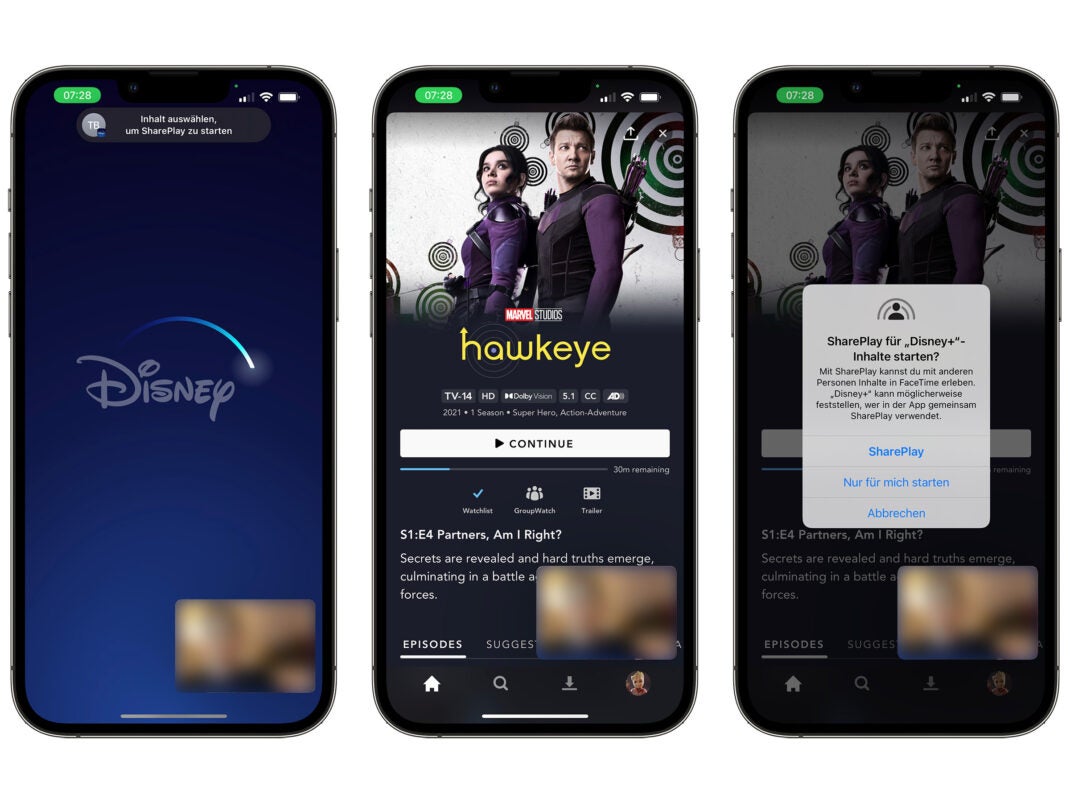 Screenshots von Disney+ mit SharePlay auf einem iPhone