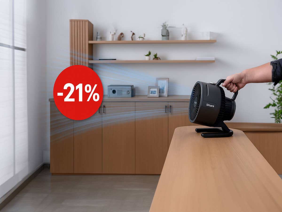 Shark FlexBreeze HydroGo stößt Luft aus und zeigt 21 % an.