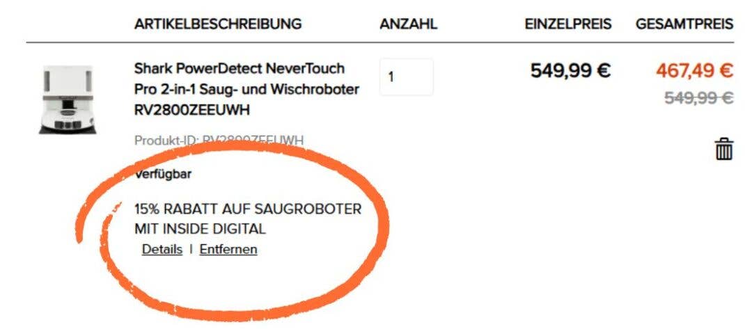 Ansicht eines Online-Shop-Warenkorbs, eingekreist ist ein Extra-Rabatt für inside digital Leser