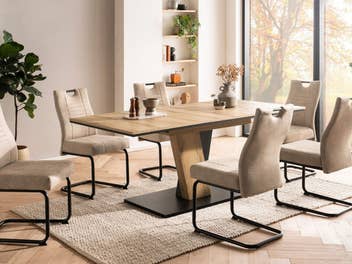Eine Essgruppe steht in einem modern eingerichteten Wohnzimmer