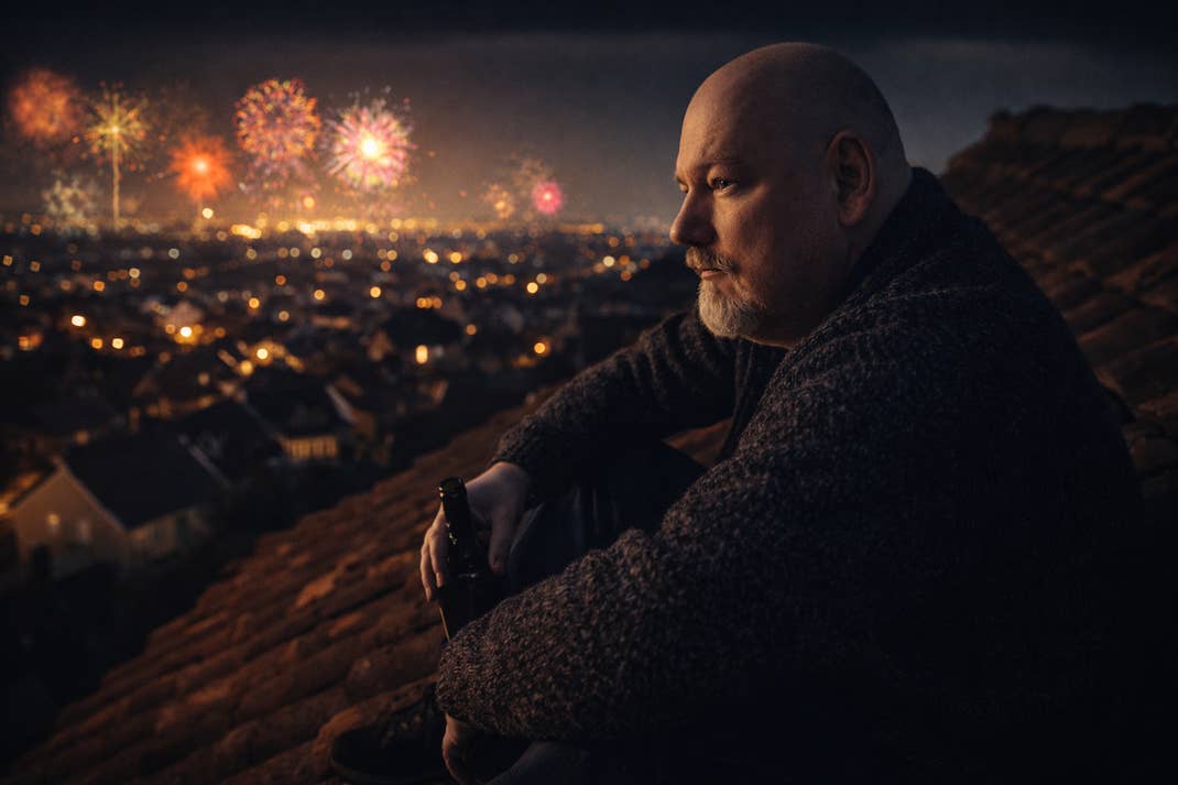 Ein Mann sitzt grübelnd auf einem Häuserdach und sieht in der Ferne das Feuerwerk
