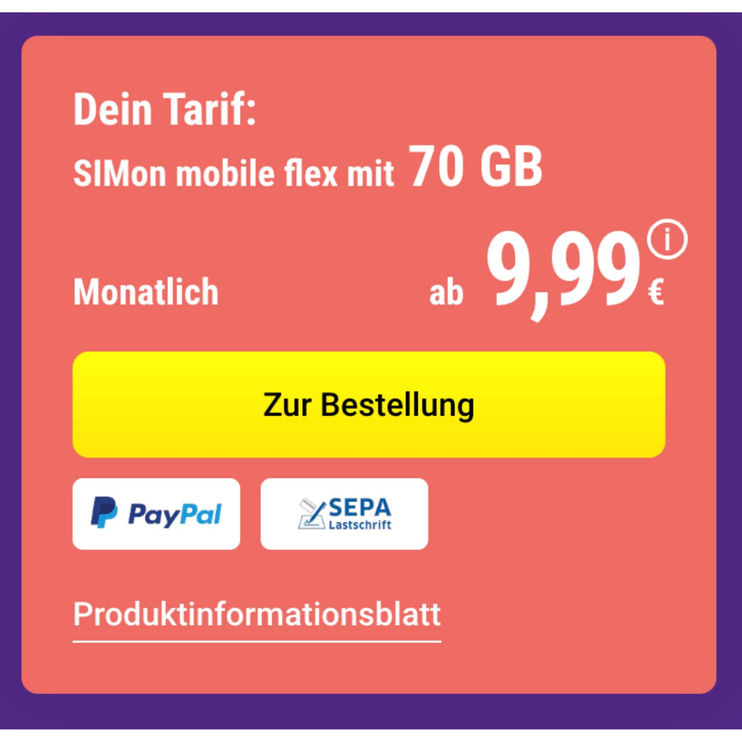 SIMon Mobile 70 GB Tarif