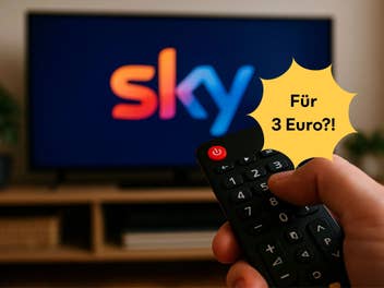 Person zielt mit Fernbedienung auf einen Fernseher, auf dem das Sky-Logo zu sehen ist. Daneben die Frage: Für nur 3 Euro?