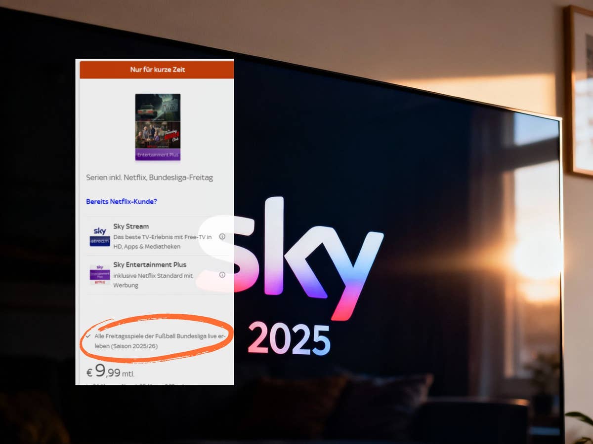 Offizielles Sky-Angebot. BUndesliga endlich wieder im 10-Euro-Deal Ein Fernseher zeigt das Logo von Sky, eingeblendet ist ein Screenshot zu einem aktuellen Angebot von Sky.