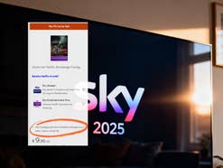 Ein Fernseher zeigt das Logo von Sky, eingeblendet ist ein Screenshot zu einem aktuellen Angebot von Sky.