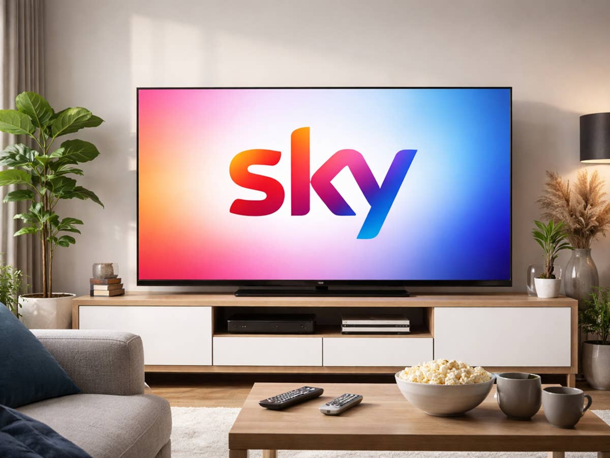 Sky haut Neuheiten für alle Kunden raus – auch bei Wow! Sky-Logo auf einem Fernseher in einem Wohnzimmer.