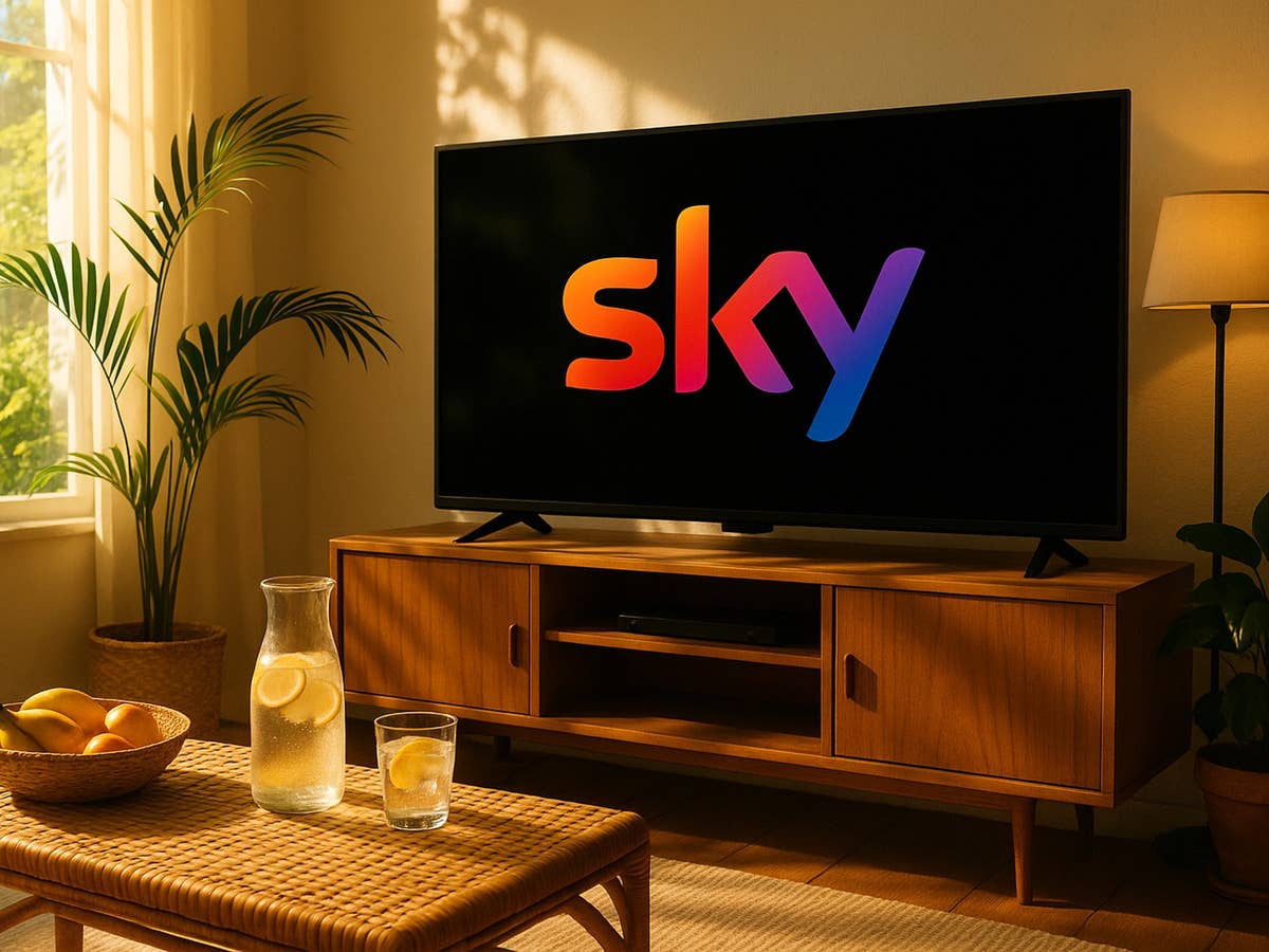 Sky-Logo auf einem Fernseher in sommerlicher Umgebung.
