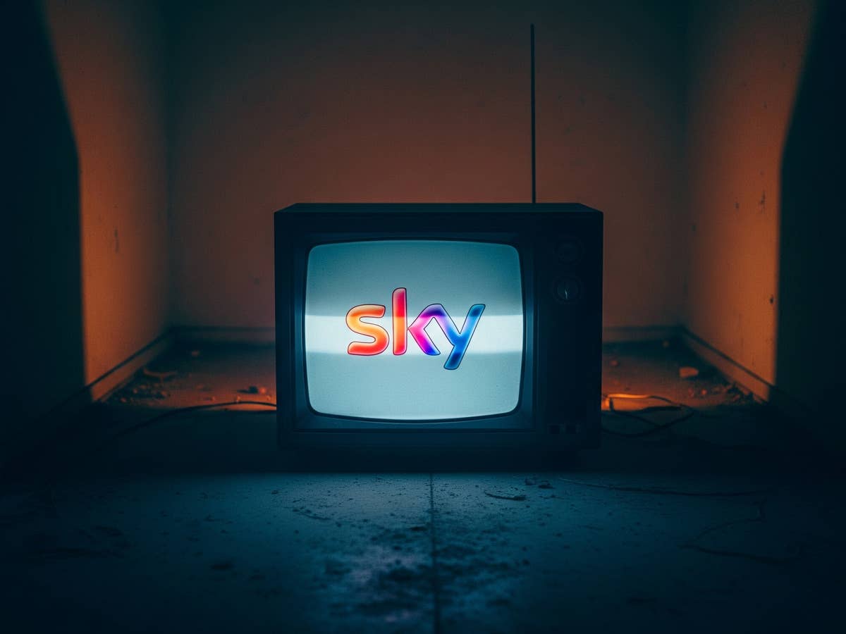 Sky-Logo auf einem Fernseher in düsterer Umgebung.