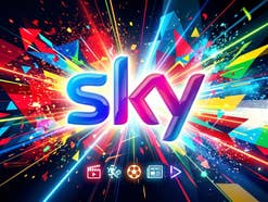 Sky-Logo vor buntem Hintergrund.