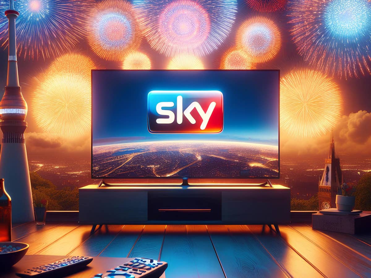 Logo von Sky auf einem Fernseher mit Feuerwerk im Hintergrund.