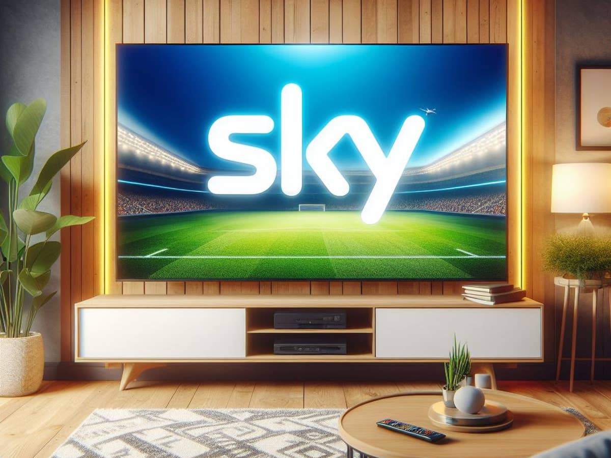 Logo von Sky auf einem Flachbildfernseher in einem Wohnzimmer.