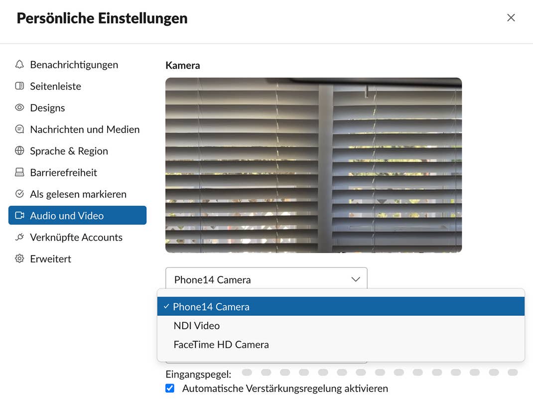Screenshot der Videoeinstellungen von Slack