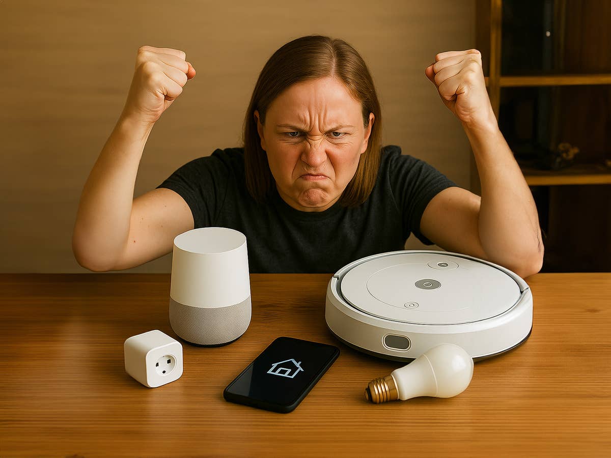 Frau mit Technik-Geräten auf dem Tisch