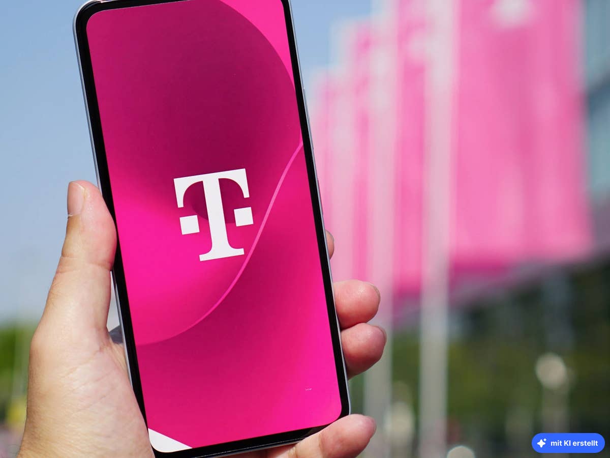 Telekom Summer Sale: Cashback auf Handytarife Smartphone auf dem das Telekom-Logo zu sehen ist, im Hintergrund ein Telekom-Gebäude, KI-generiert