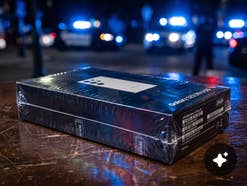 Smartphone vor Polizeiautos bei Nacht.
