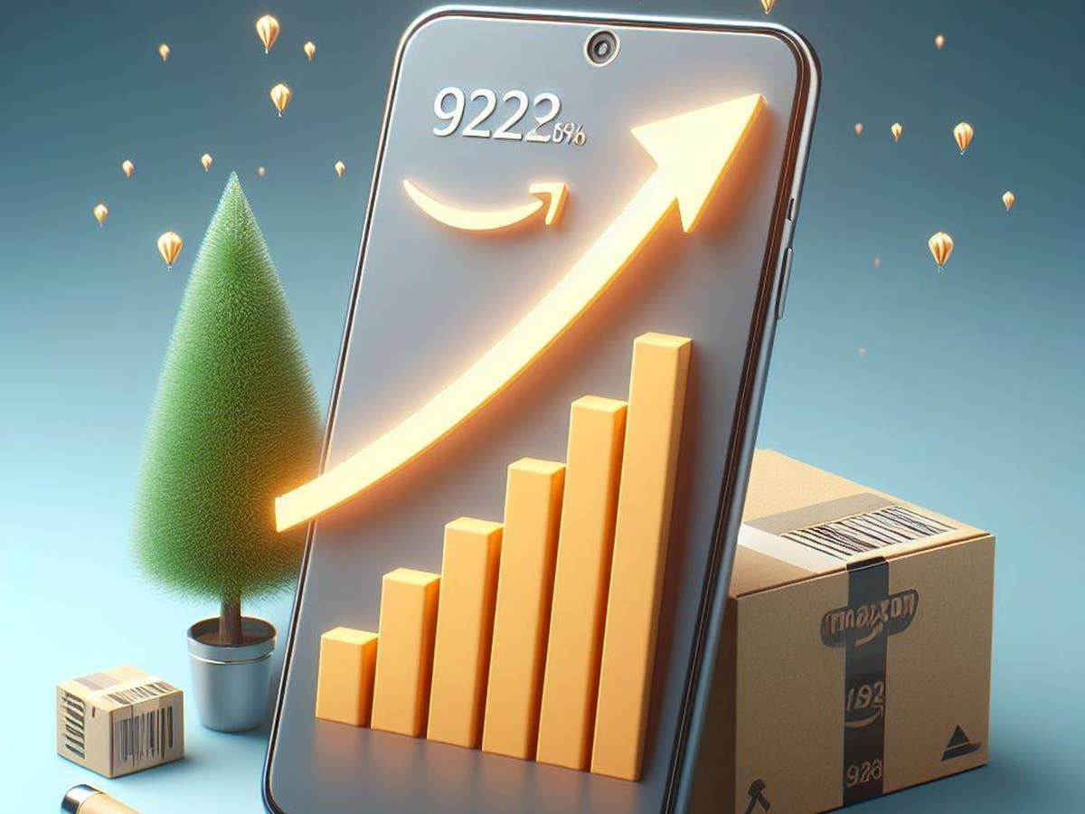 Ein Smartphone -Display zeigt einen stilisierten Aufwärts-Graph und ein Amazon-Logo