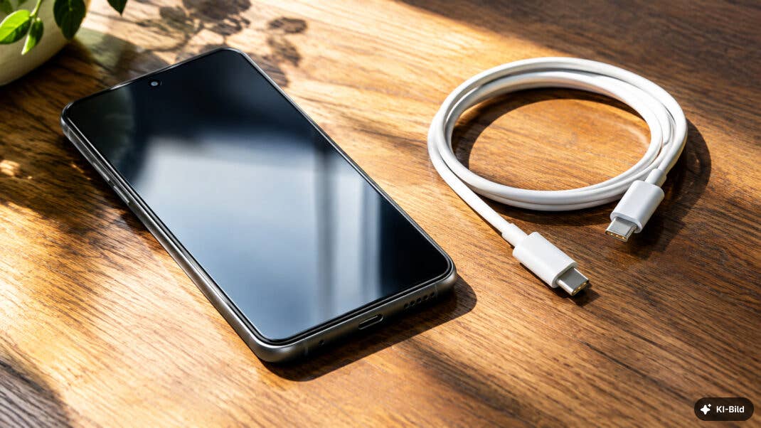 Smartphone liegt neben einem USB-C-Ladekabel auf einem Holztisch im Sonnenlicht.