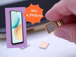 Eine Person hält eine SIM-Karte, daneben ein Smartphone sowie der Hinweis auf einen Preis von 4,99 Euro