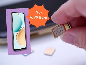 smartphone-mit-tarif-für-nur-4 99-euro-im-monat Eine Person hält eine SIM-Karte, daneben ein Smartphone sowie der Hinweis auf einen Preis von 4,99 Euro