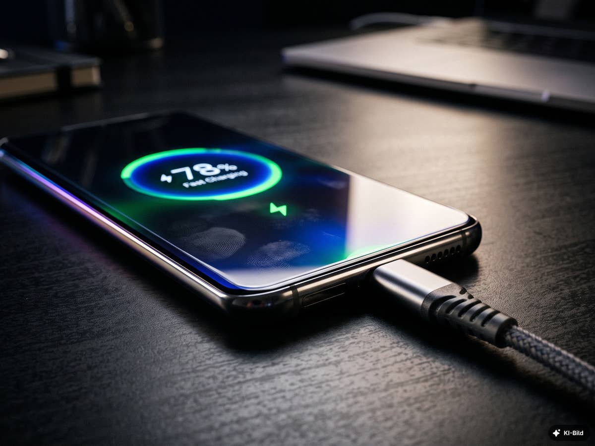 Handy richtig laden: Lade-Mythos erklärt. Smartphone wird an einem USB-C-Ladekabel geladen.