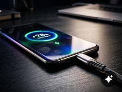 Smartphone wird an einem USB-C-Ladekabel geladen.