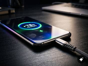 Smartphone wird an einem USB-C-Ladekabel geladen.