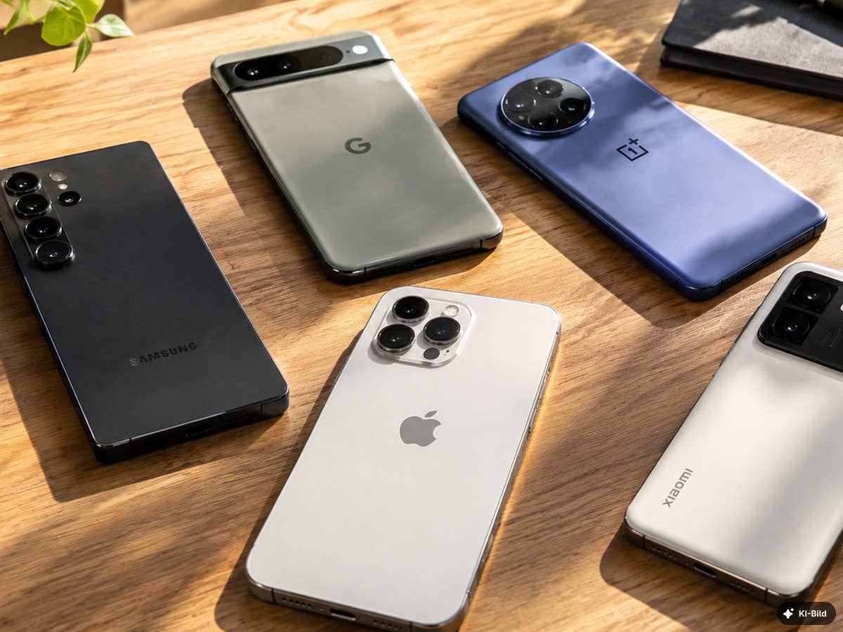 Smartphones immer teurer: 3 Ursachen und 8 Spartipps Smartphones liegen auf einem Schreibtisch im Sonnenlicht.