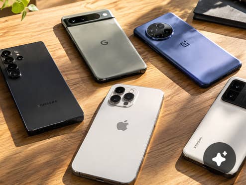 Smartphones liegen auf einem Schreibtisch im Sonnenlicht.