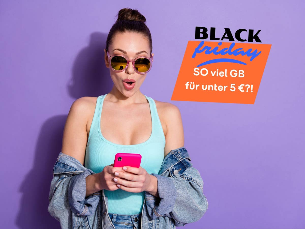 Frau schaut schockiert auf ihr Smartphone, daneben der Hinweis auf ein aktuelles Black Friday Tarifangebot, bei dem es für unter 5 Euro reichlich GB gibt