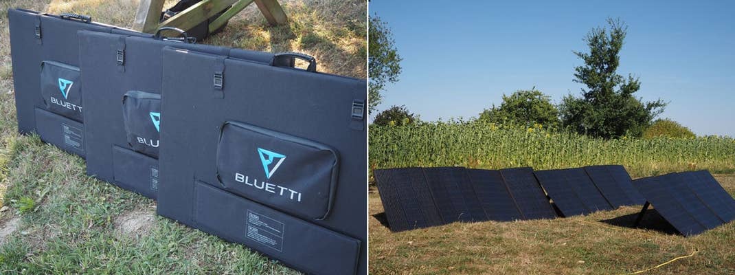 Bluetti Solar-Panele: links eingeklappt, rechts aufgestellt
