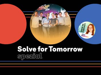 Ein grafisch gestaltetes Beitragsbild mit der Aufschrift „Solve for Tomorrow spezial“ auf schwarzem Hintergrund. In der Mitte ist ein kreisrunder Ausschnitt des Gewinnerteams zu sehen, flankiert von roten und blauen Farbelementen sowie dem überMORGEN Podcast-Logo mit Moderatorin.