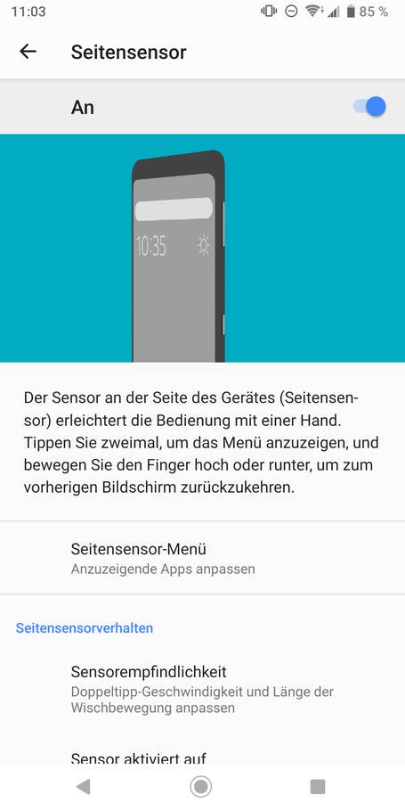 Die Einstellungen für den Seitensensor des Xperia XZ3