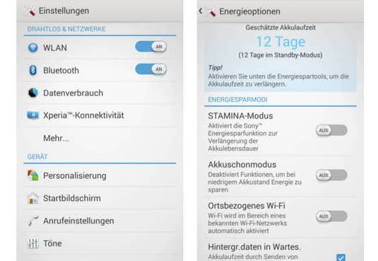 Sony Xperia Z2: Energie-Einstellungen