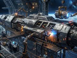 Ein Bild eines Raumschiffs in einem Weltraum-Dock.