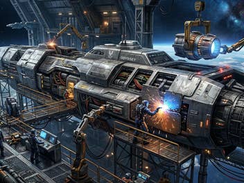 Ein Bild eines Raumschiffs in einem Weltraum-Dock.