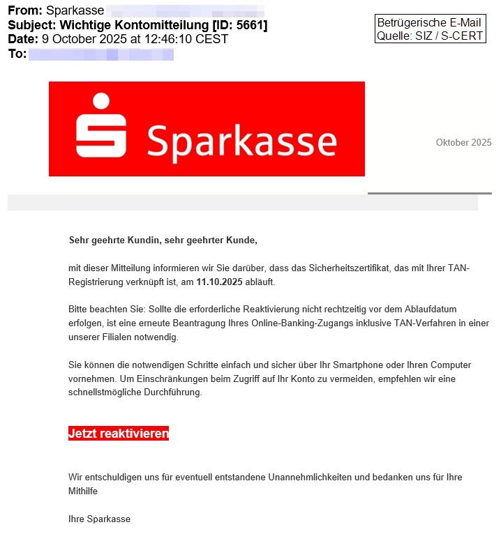 Phishing-Mail im Namen der Sparkasse