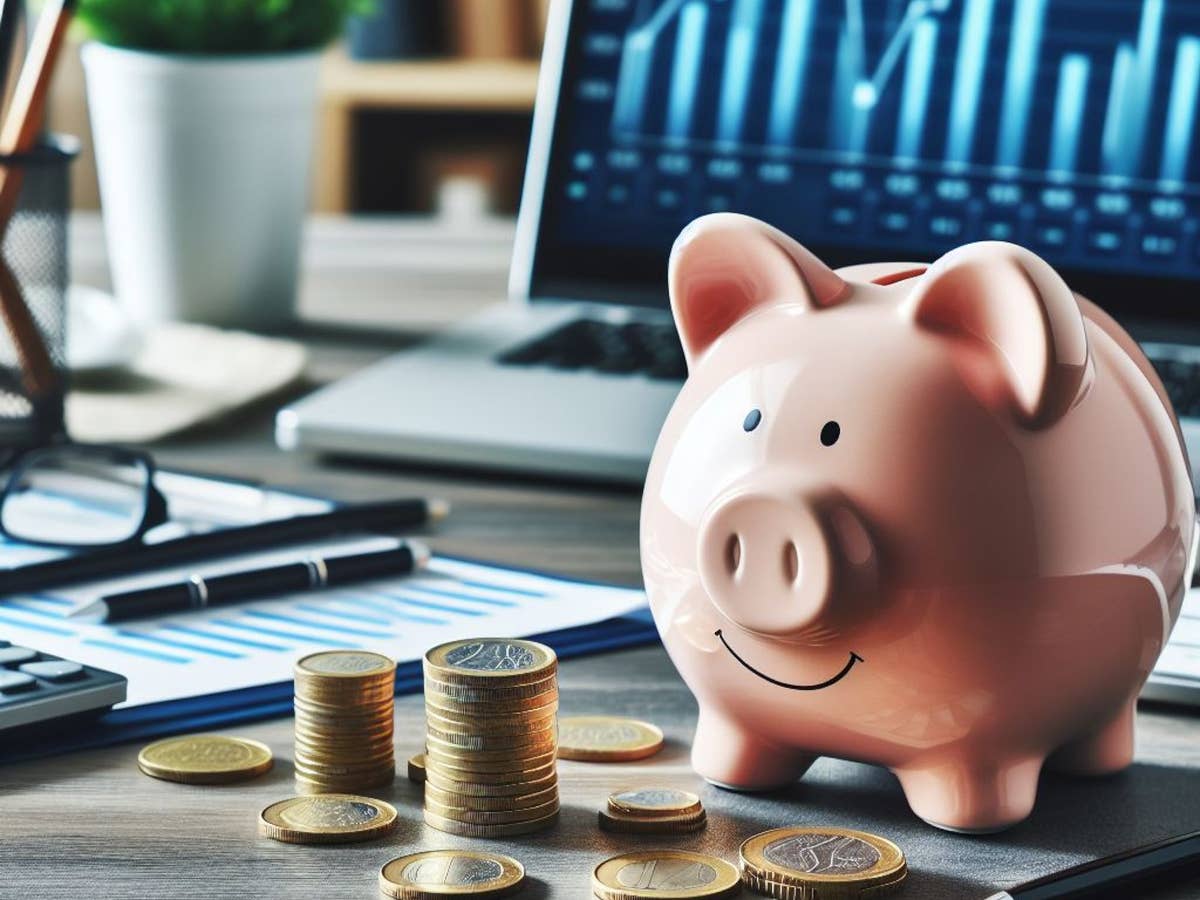 Sparkasse startet neues Festgeld-Angebot Sparschwein auf einem Schreibtisch.