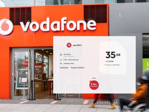 Vodafone-Store im Hintergrund, sparSIM S Angebot vorne