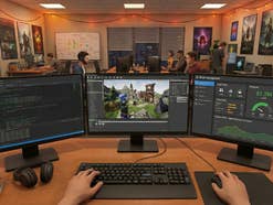 Jemand sitzt in einem Office vor Bildschirmen.