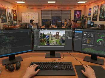 Jemand sitzt in einem Office vor Bildschirmen.