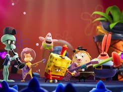 SpongeBob Schwammkopf gemeinsam mit seinen Freunden auf einer Bühne.