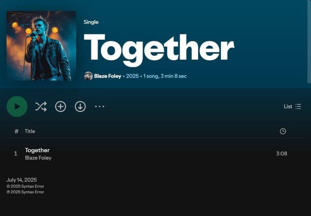 Single 'Together' von Blaze Foley, 2025, Dauer 3 Min 8 Sek.