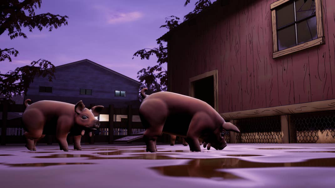 Zwei Schweine stehen im Spiel "Adios" in einem Gehege.