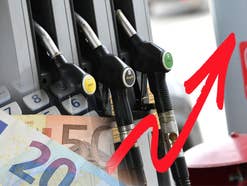 Steigende Benzinpreise symbolisiert durch eine Zapfsäule, Euroscheine und einen Pfeil nach oben