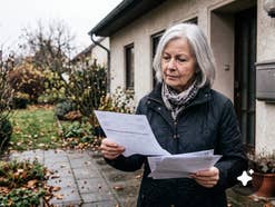 Rentnerin liest vor ihrem Einfamilienhaus mehrere Briefe, daneben ein Briefkasten an der Hauswand