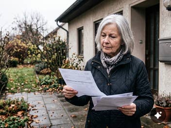 Rentnerin liest vor ihrem Einfamilienhaus mehrere Briefe, daneben ein Briefkasten an der Hauswand