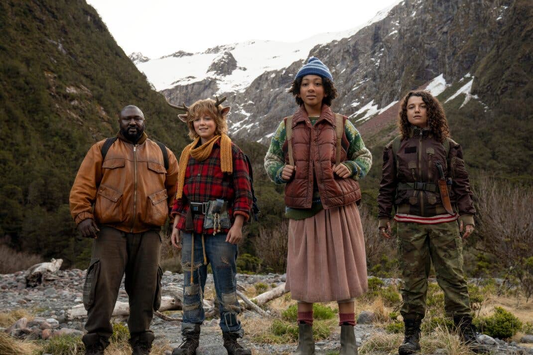 Sweet Tooth. (L to R) Nonso Anozie as Jepperd, Christian Convery as Gus, Naledi Murray as Wendy, Stefania LaVie Owen as Becky in episode 301 of Sweet Tooth. Cr. Matt Klitscher/Netflix © 2023