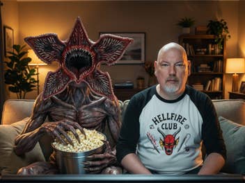 Ein Demogorgon und Casi sitzen mit Popcorn auf der Couch und glotzen Stranger Things.